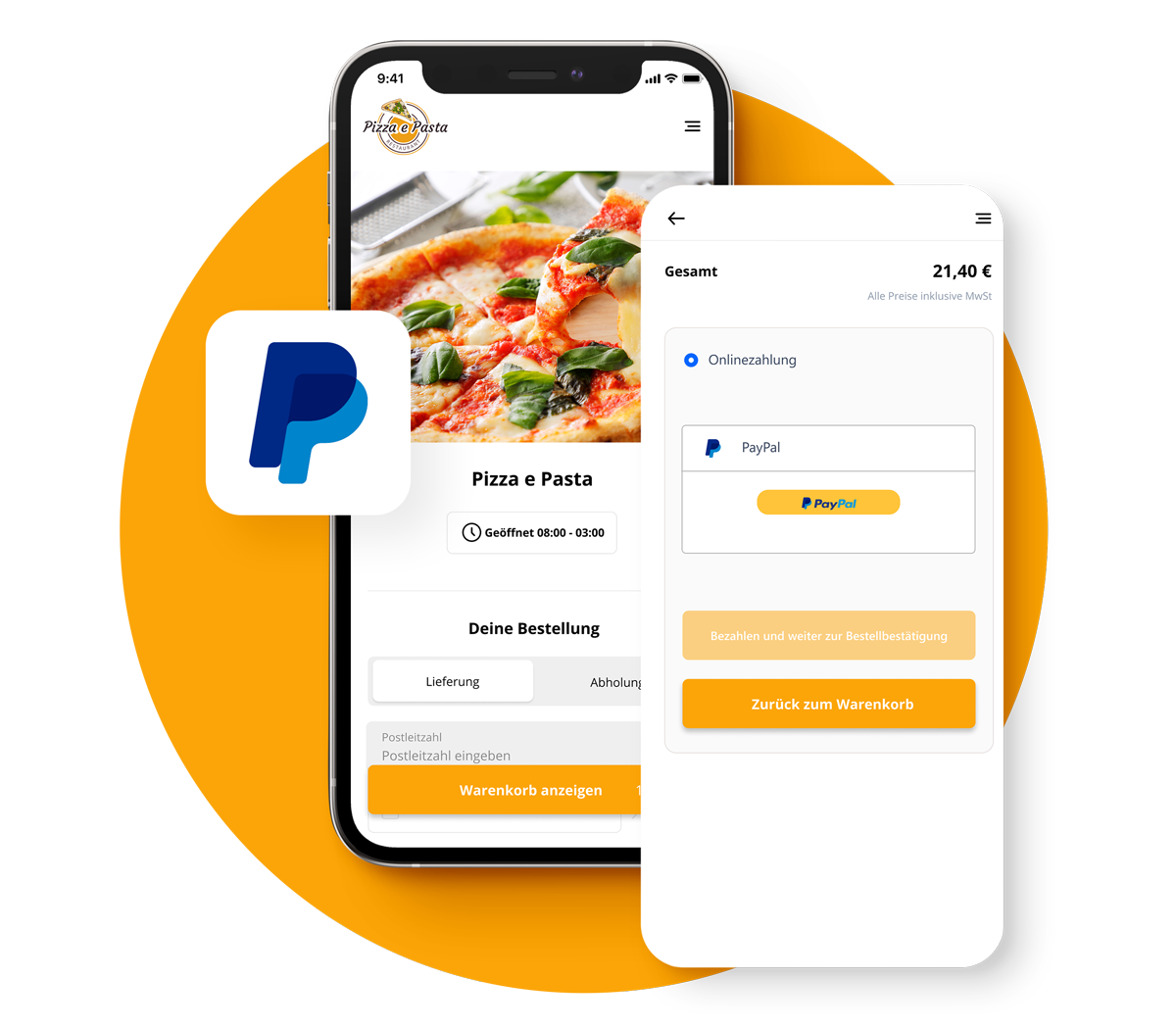 Essensbestellung beim Lieferdienst mit PayPal bezahlen order-smart